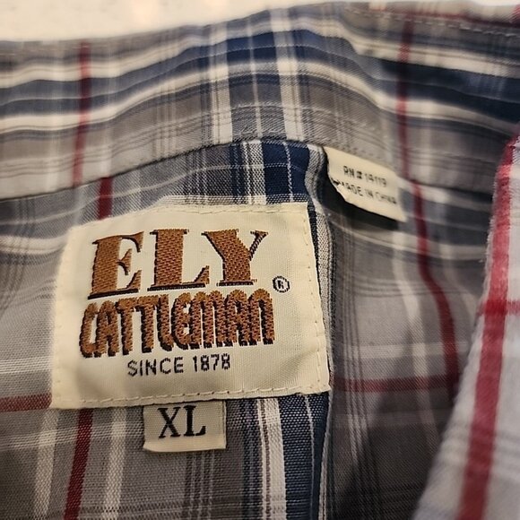 vintage ely cattleman pearl snap Shirt XL Gray Blue Plaid Cowboy Rodeo - Picture 2 of 5